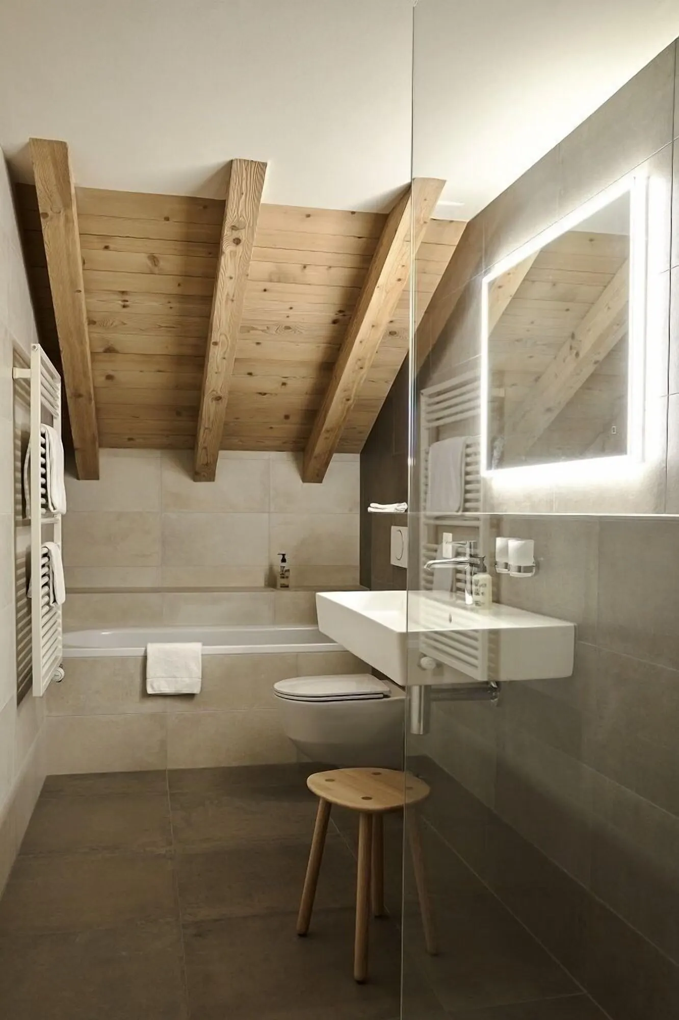 A bathroom under wooden beams