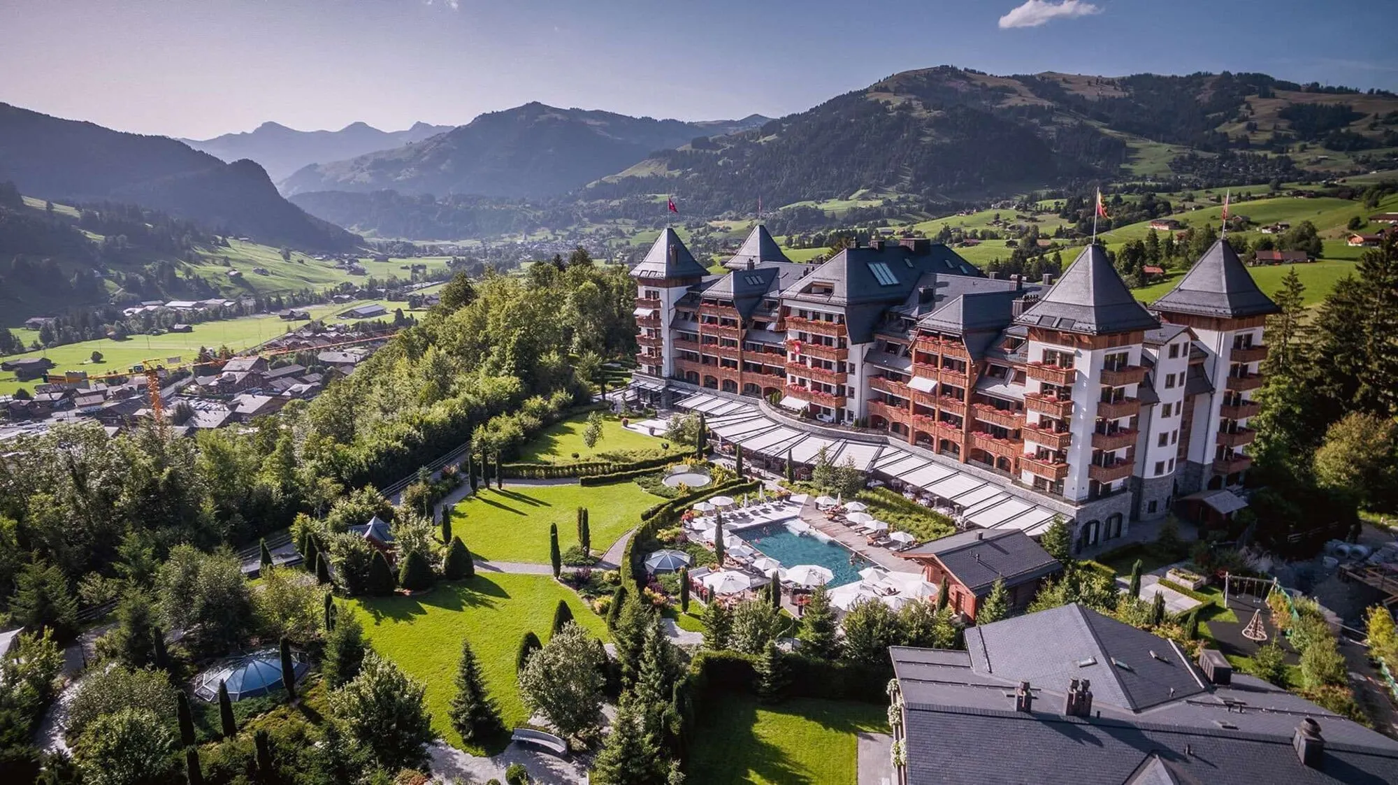 The hotel above Gstaad from the air