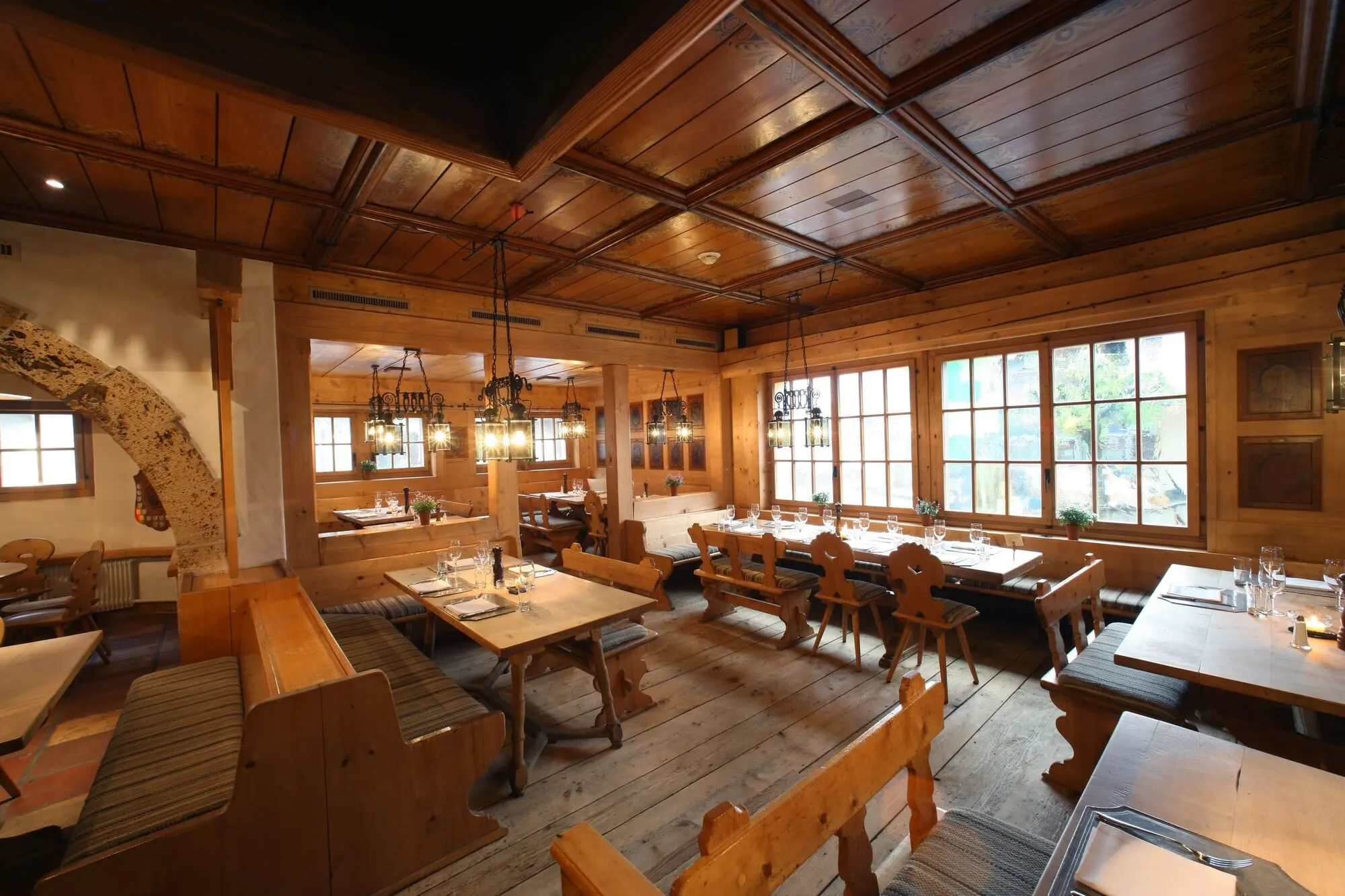 A rustic wood-panelled restaurant