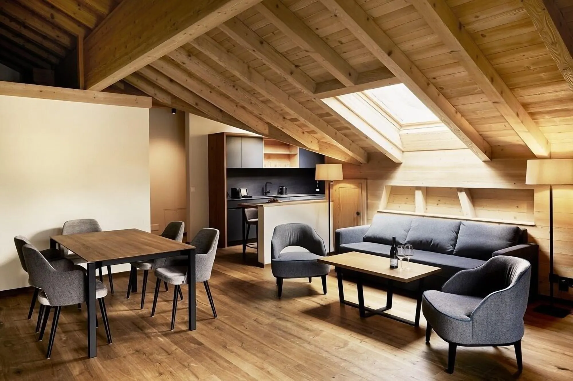 An apartment living room under the roof