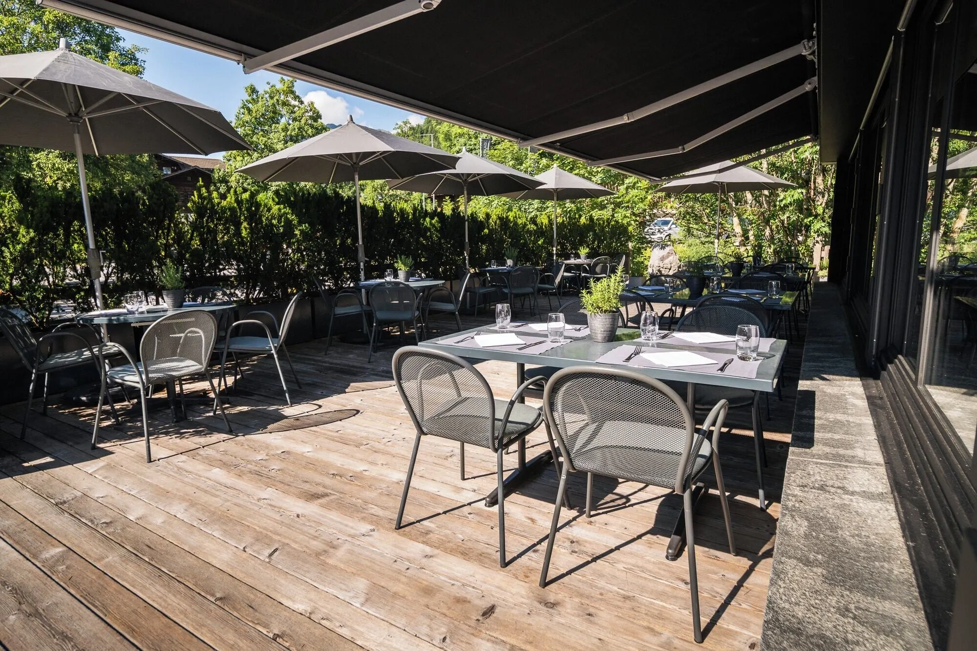 The terrace under large parasols