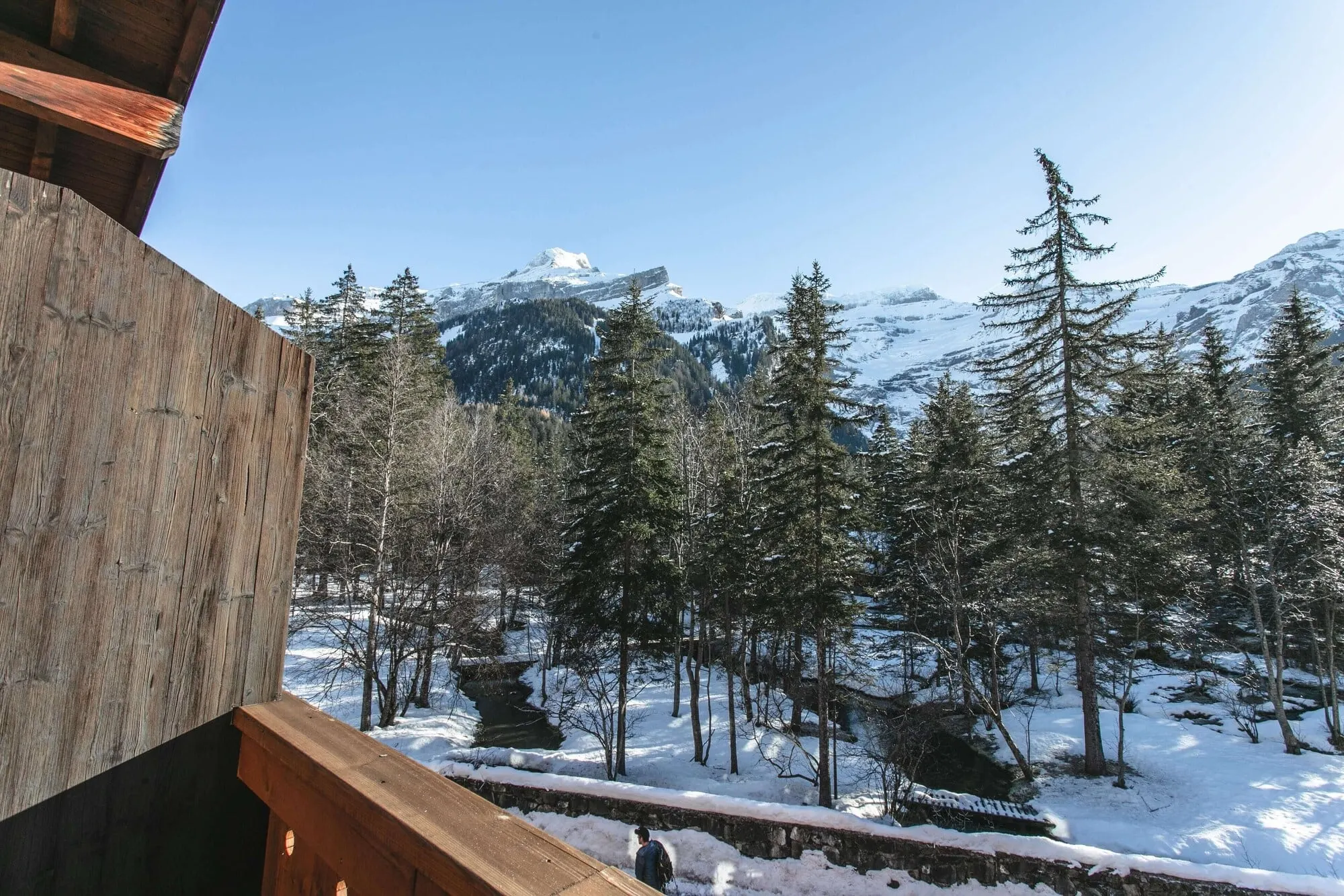 Snowy forest and peaks from a balcony