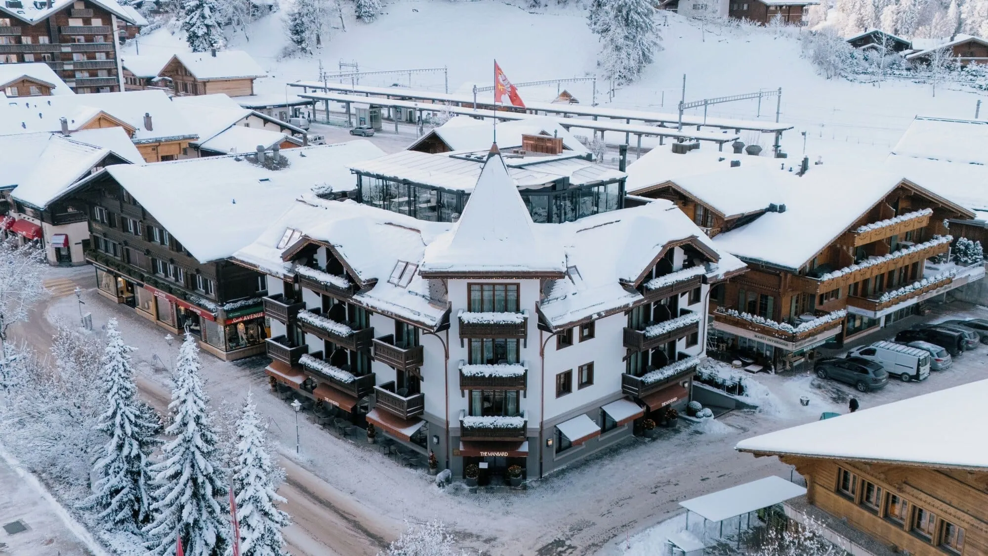 The hotel from above in winter