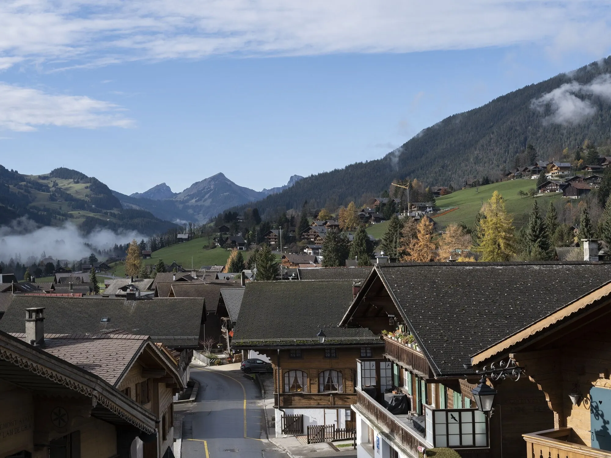 Village rooftops and mountains