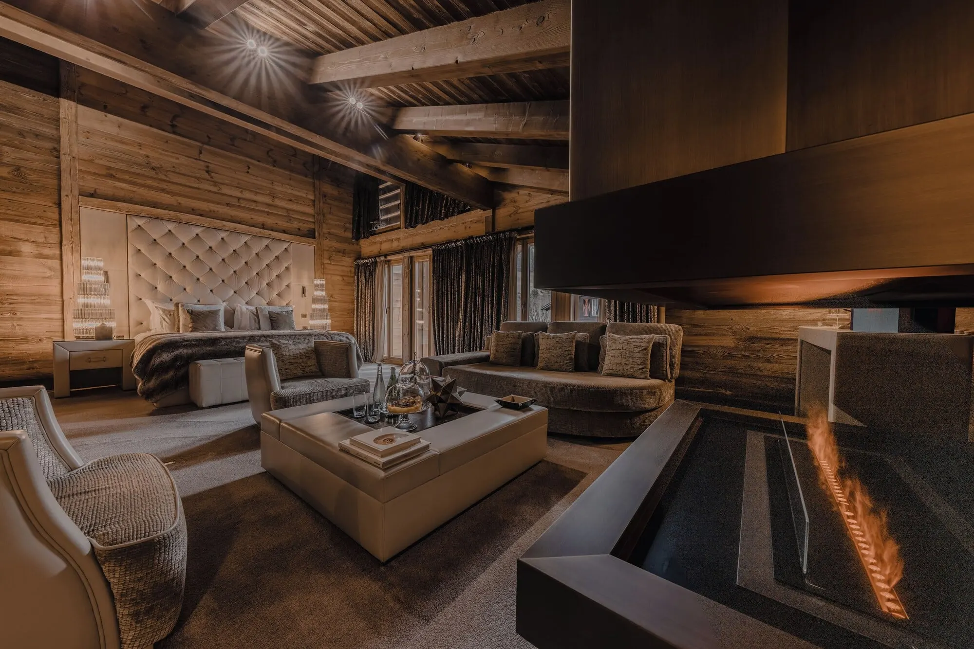 A suite living room with a fireplace