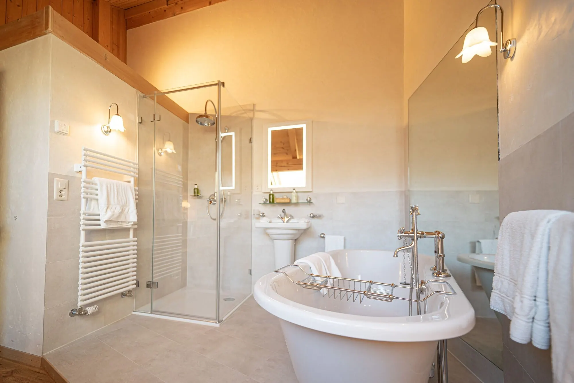 A bathroom with a freestanding bath