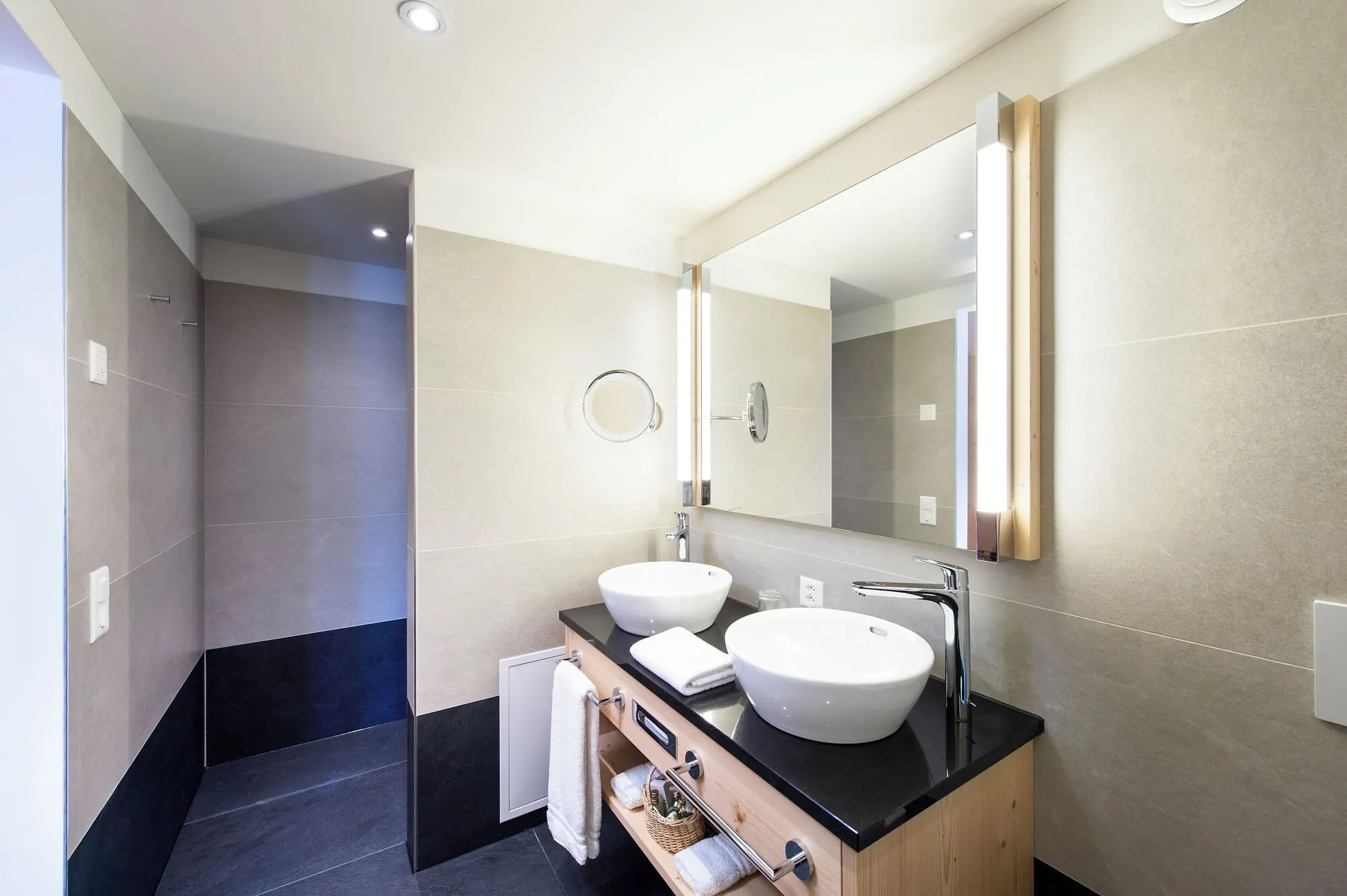 A bathroom with twin basins