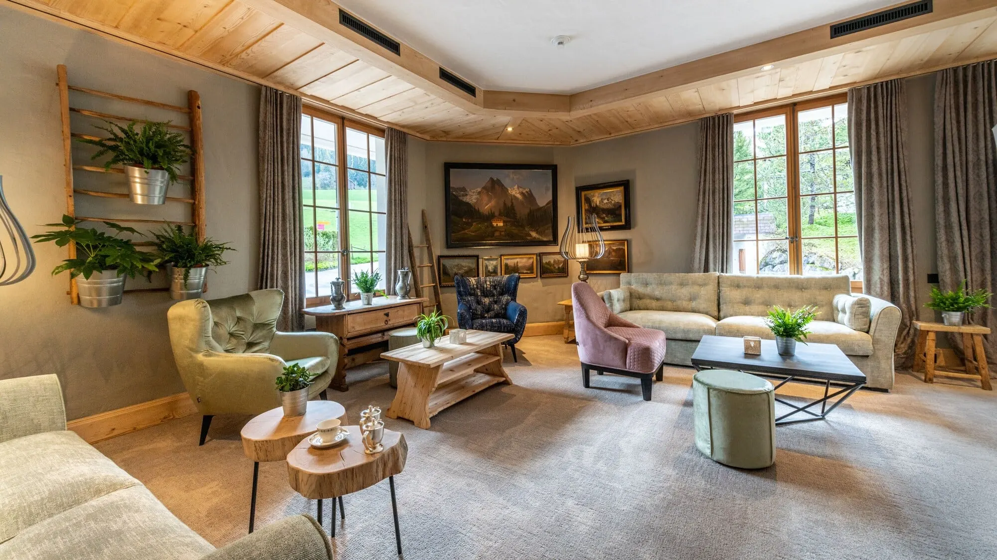 The lounge under a wooden ceiling