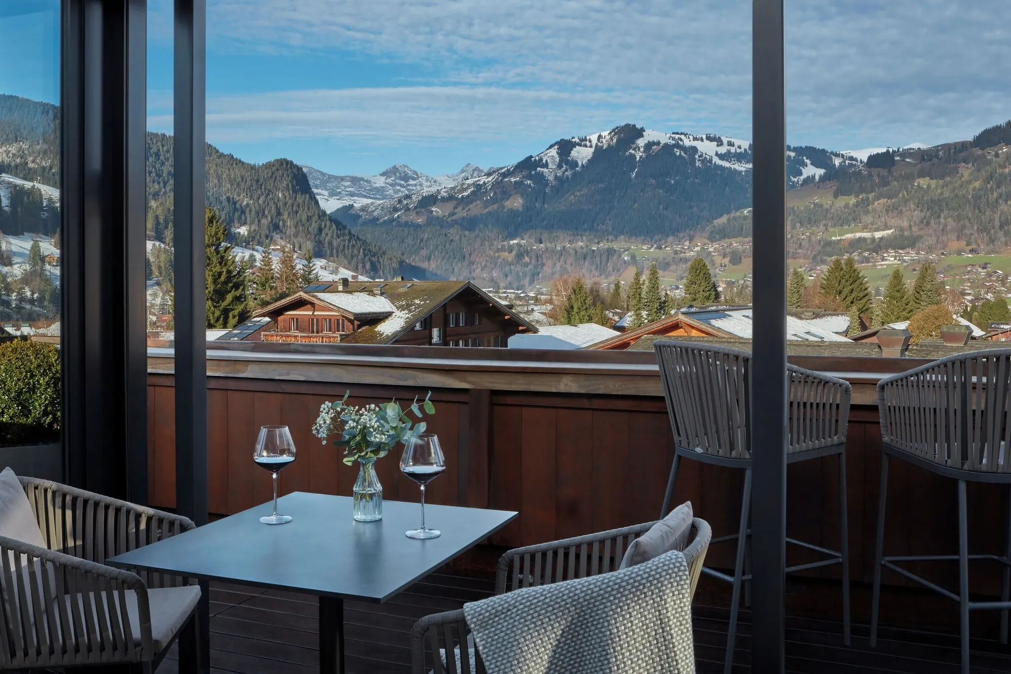 Terrace tables with a mountain view