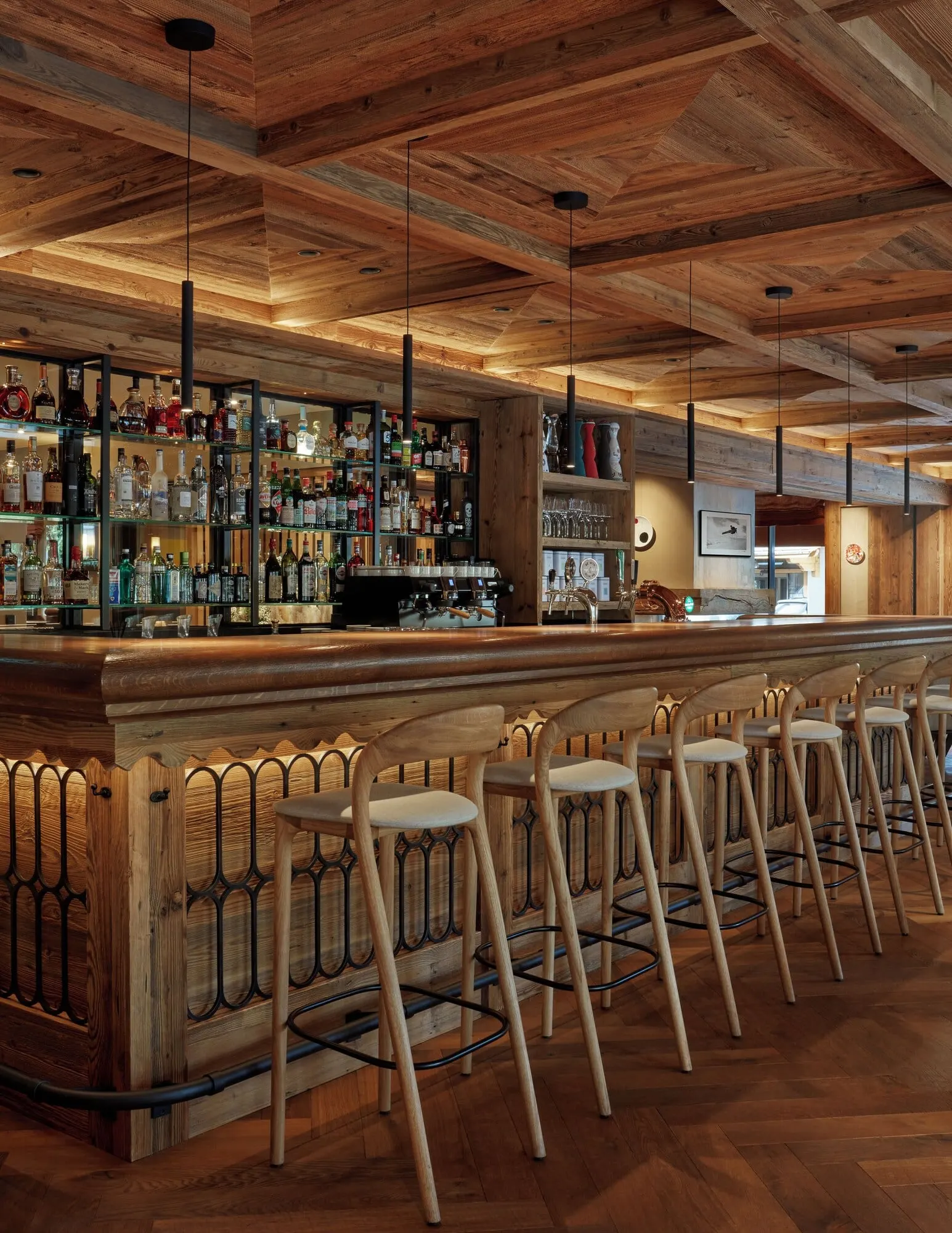 The wood-panelled bar