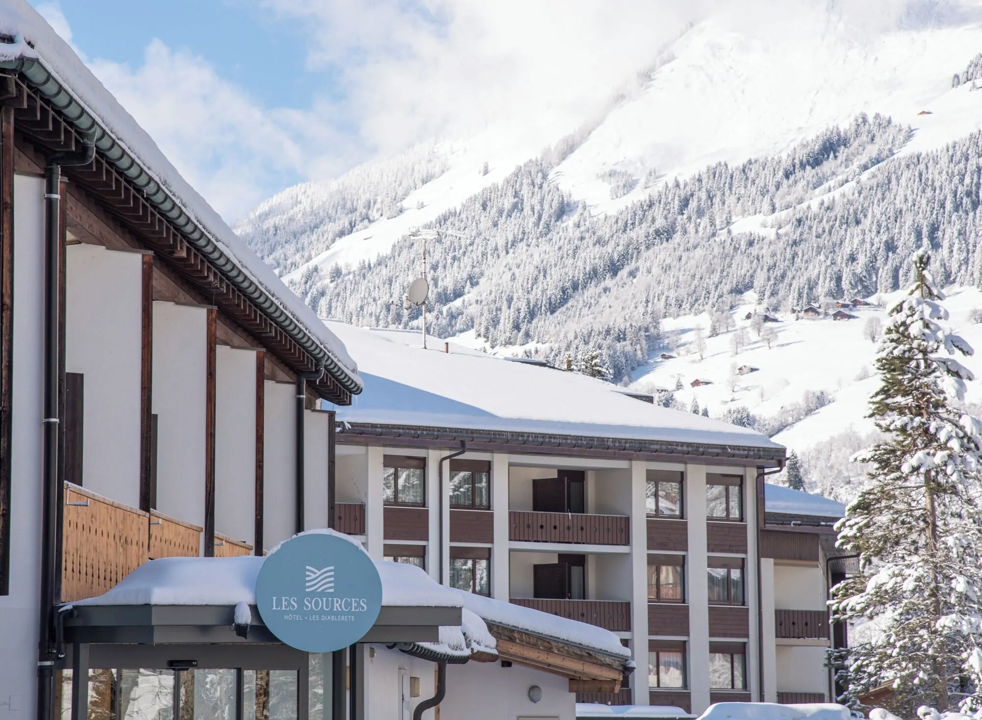 The hotel entrance in the snow