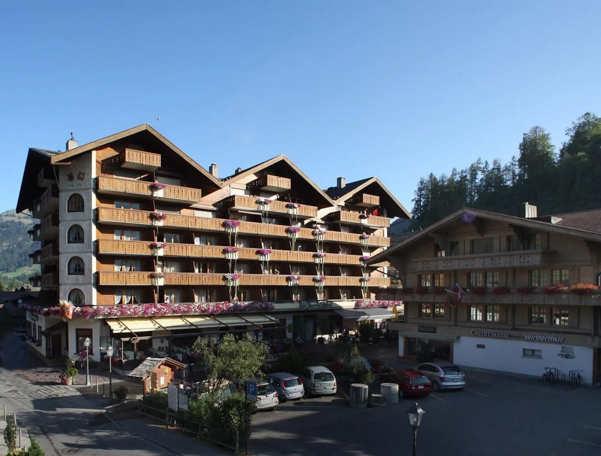 The hotel and its balconies in summer