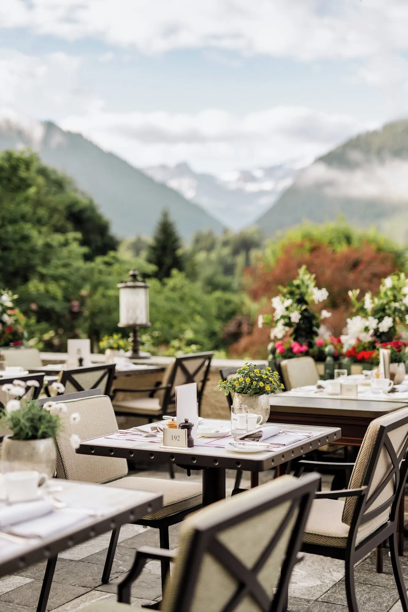 Tables on the garden terrace in summer