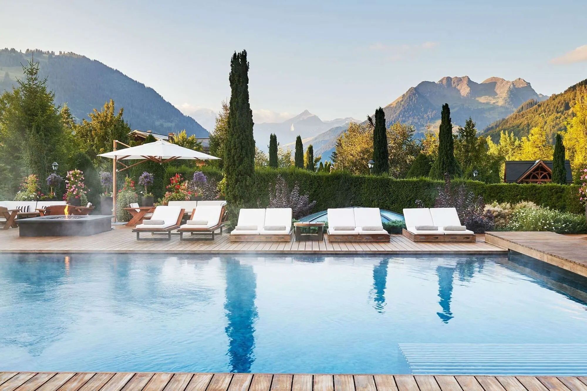 The heated outdoor pool in the gardens