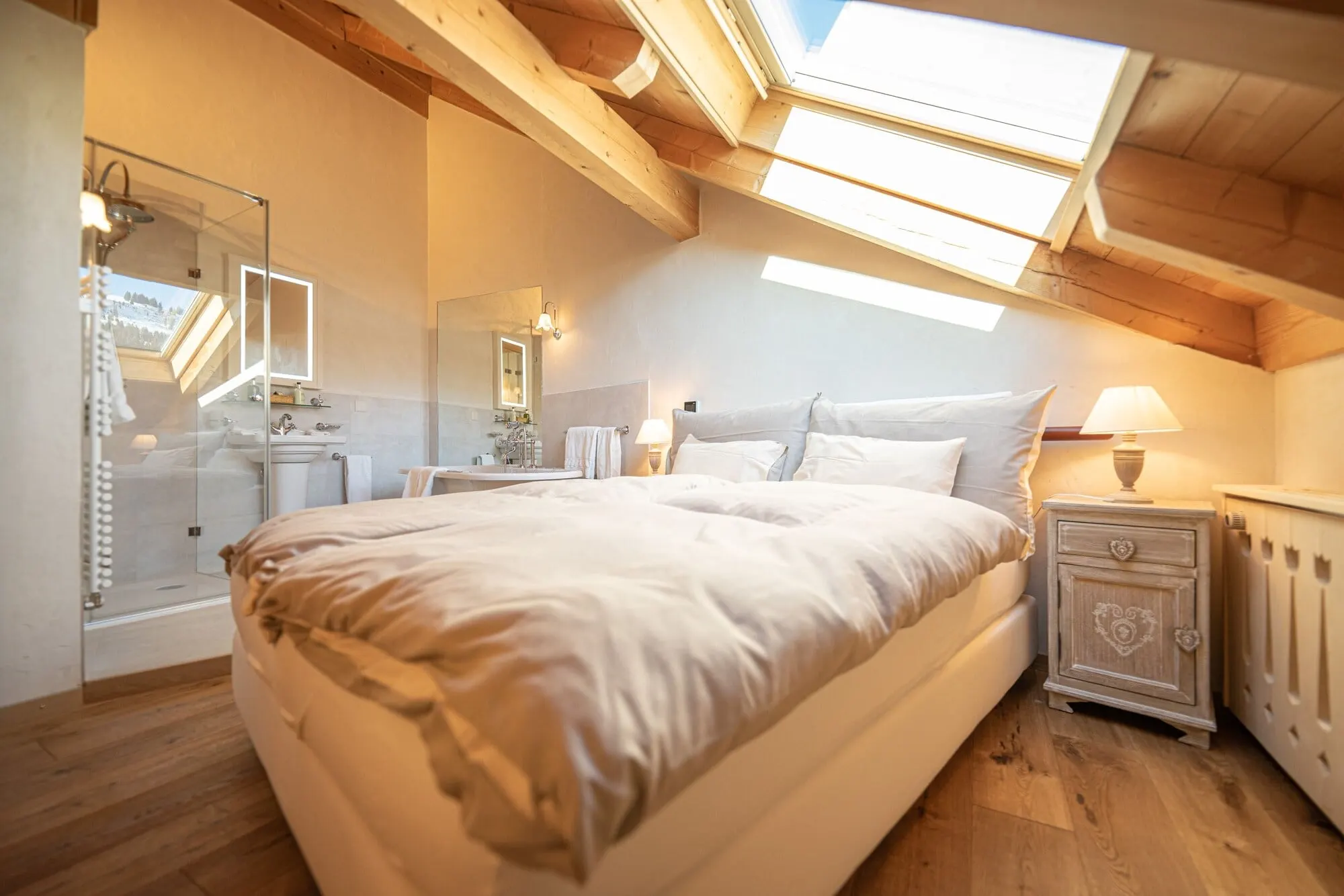 An attic double room with a skylight