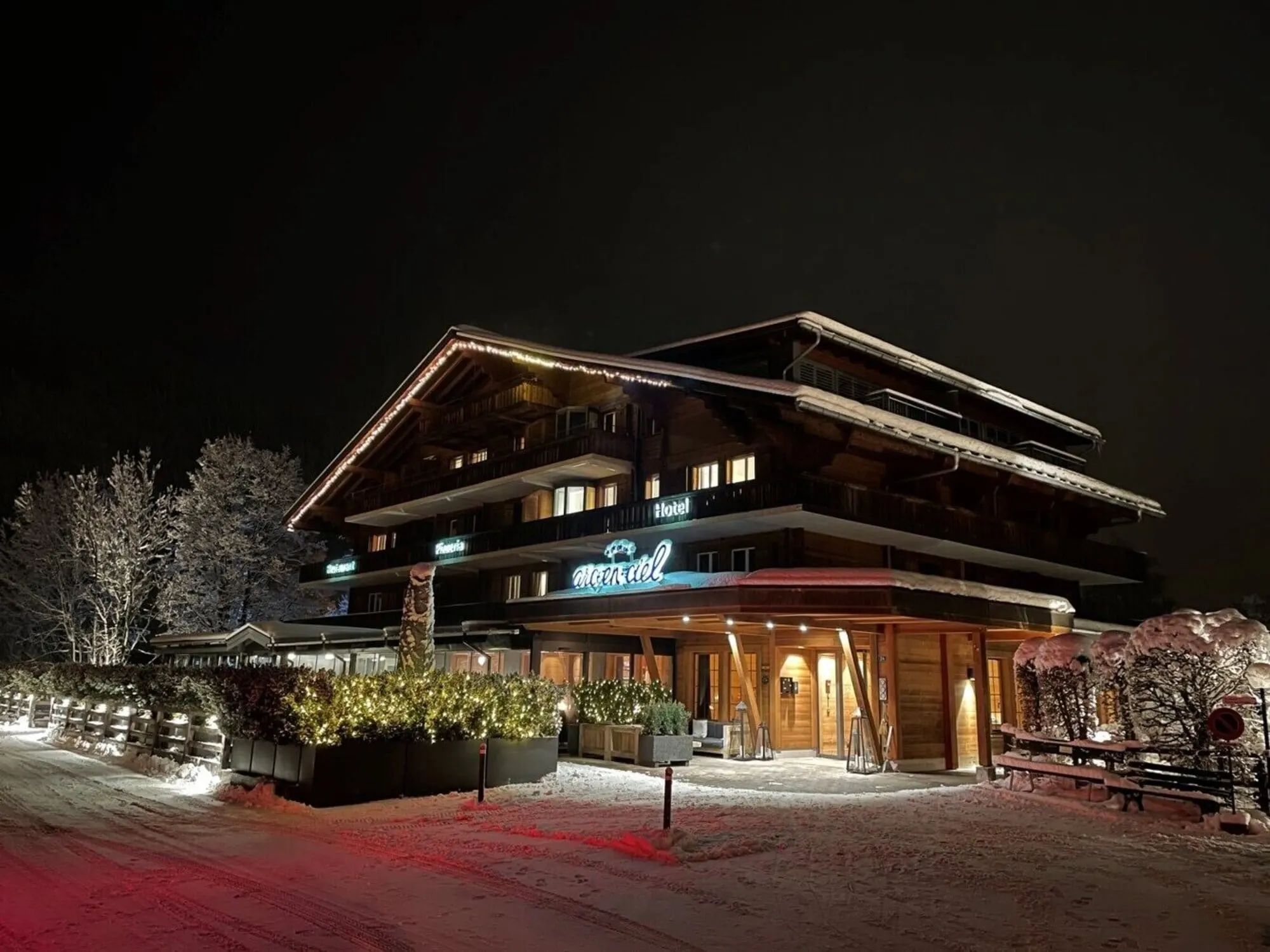 The hotel lit up at night