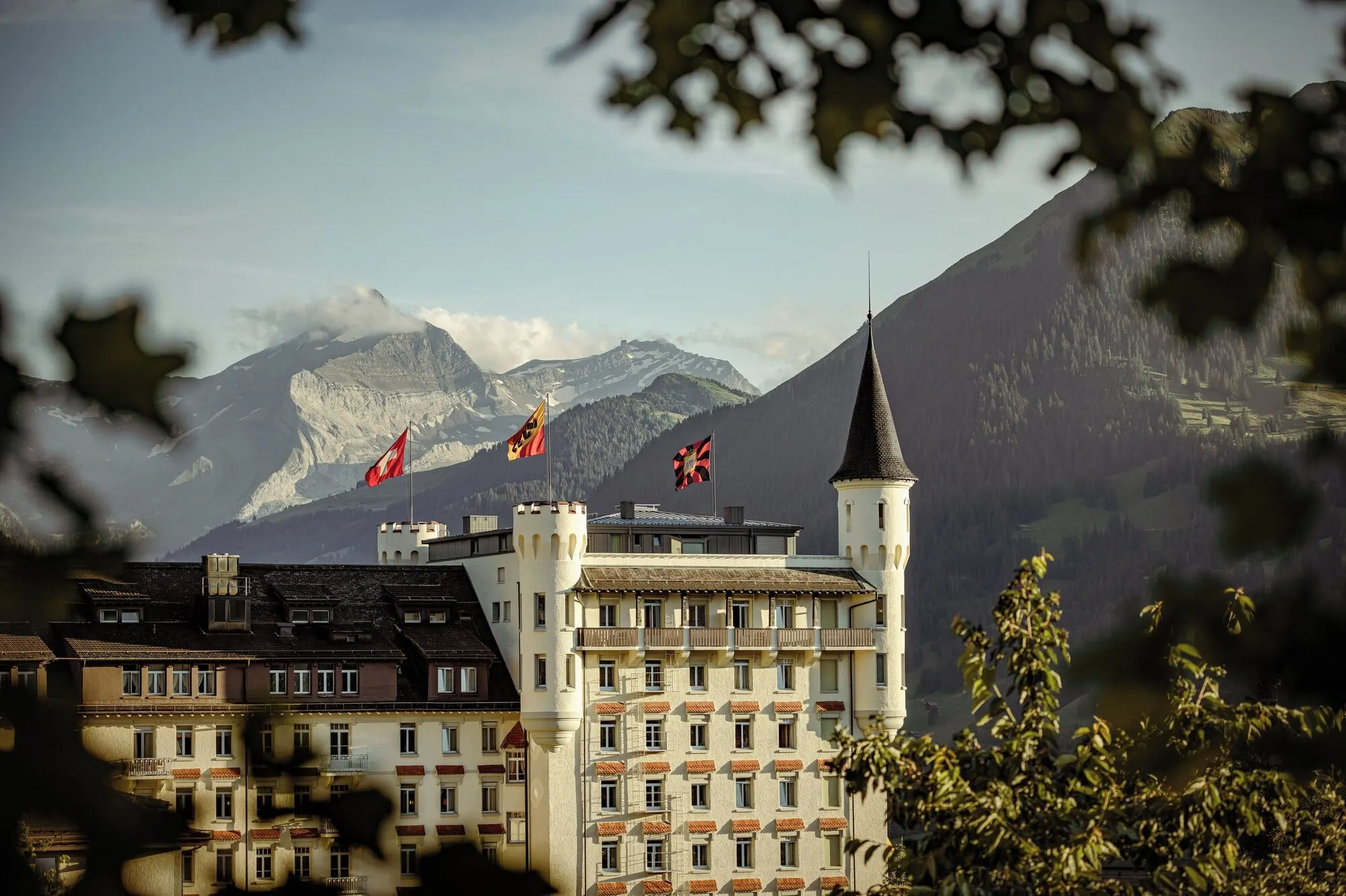 The turrets with the mountains behind