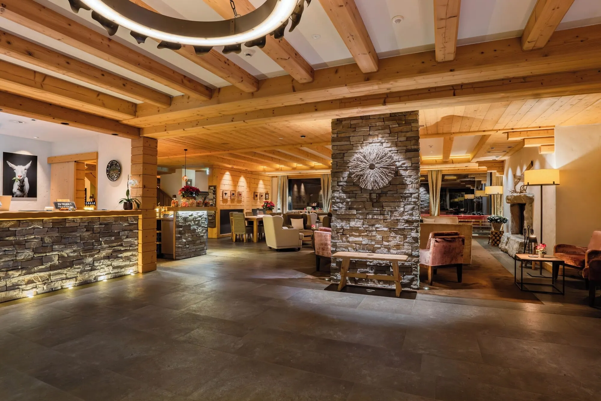 The lobby with a stone fireplace