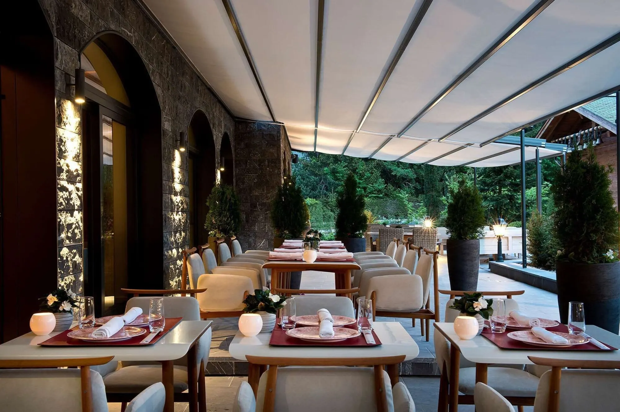 Restaurant tables on a covered terrace