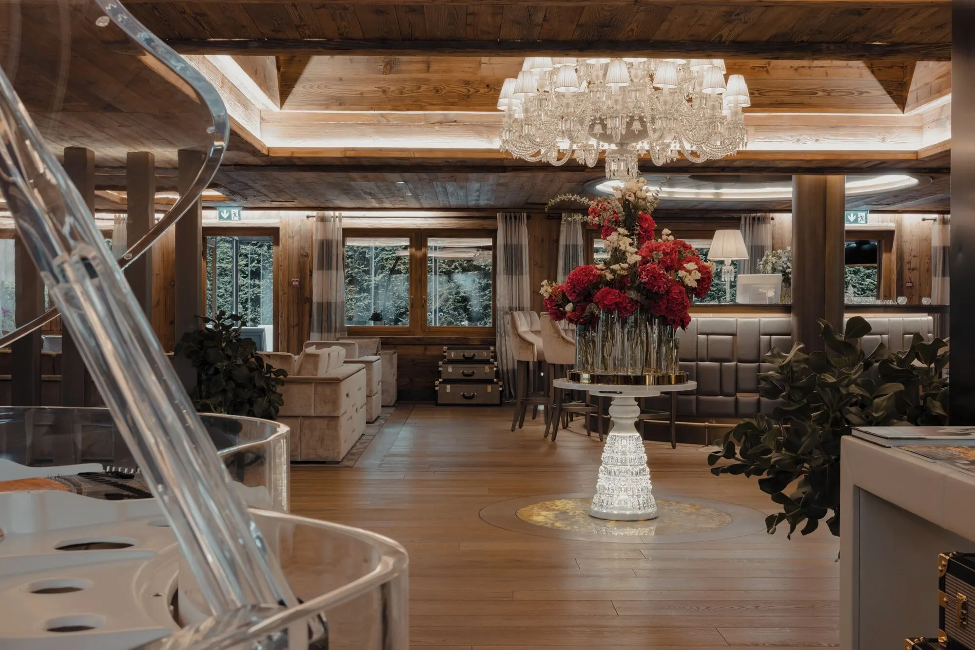 The lobby under a crystal chandelier