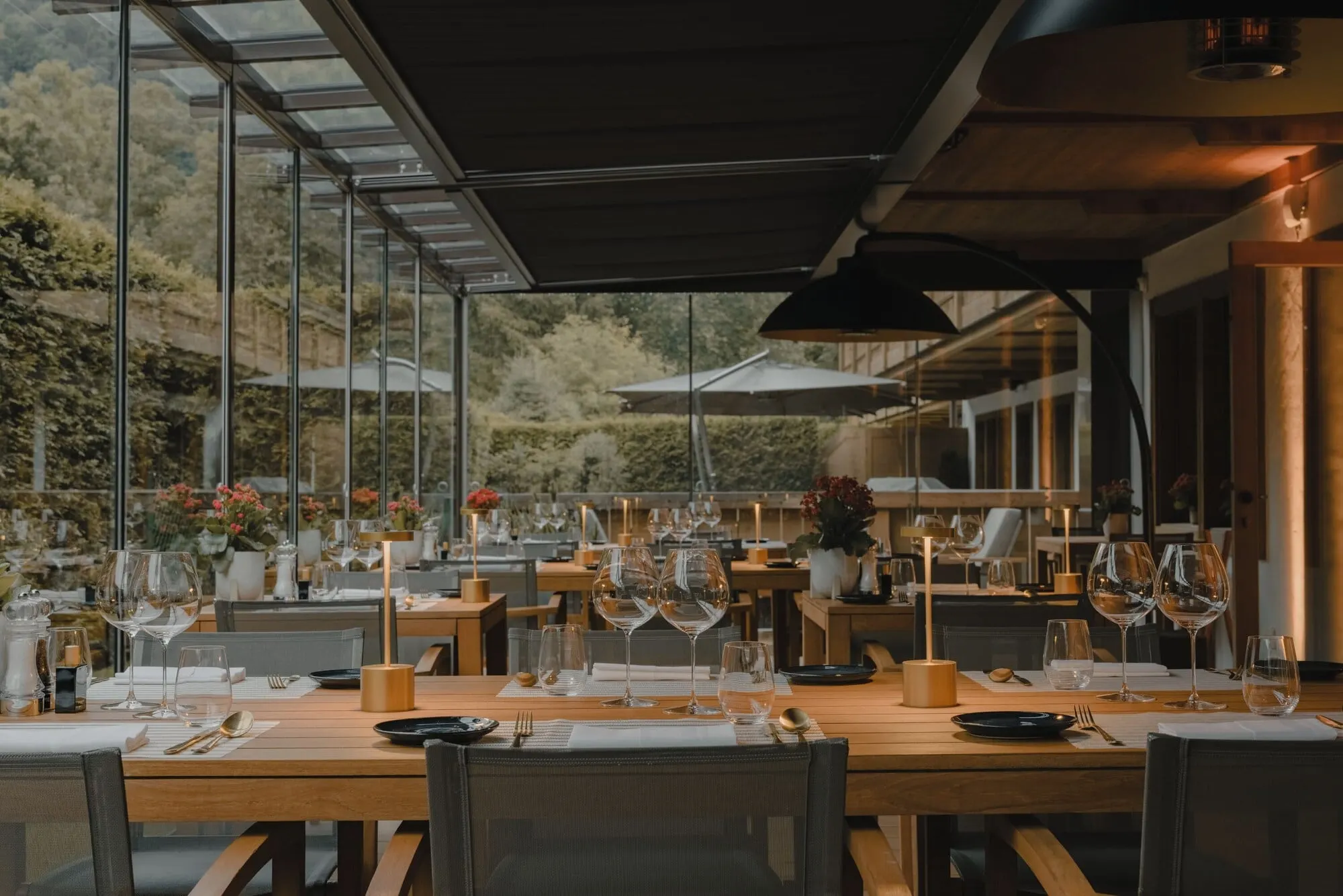A glass-walled dining room