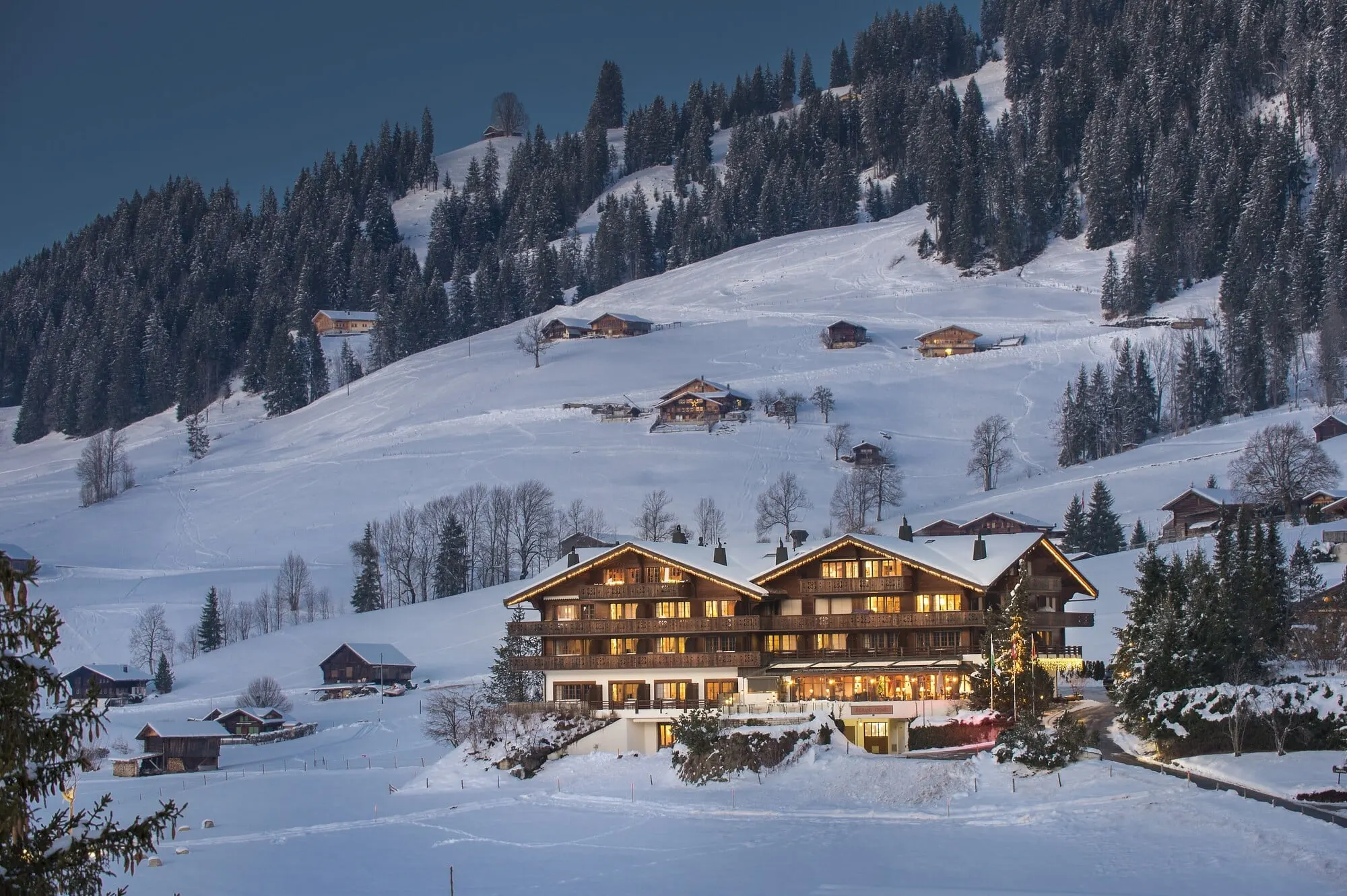 The hotel on its snowy hillside