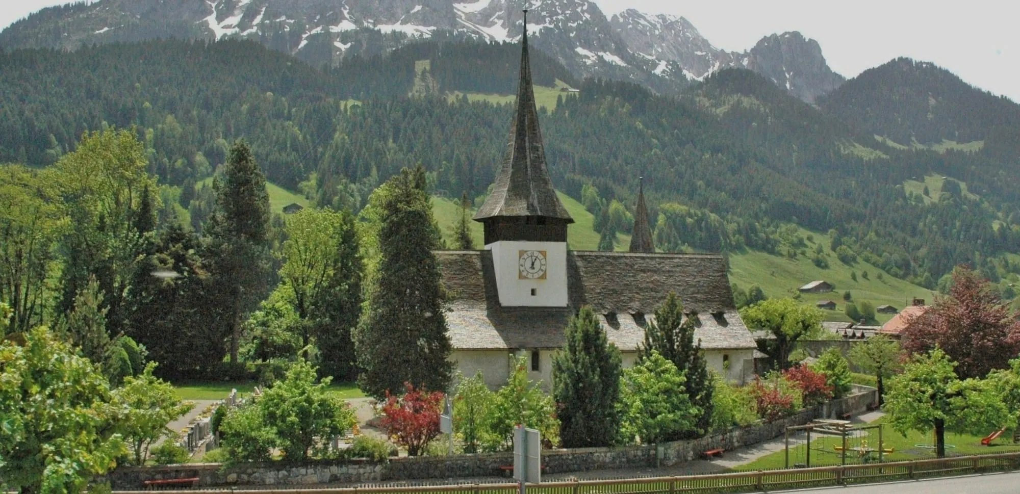 Rougemont church below the Gummfluh ridge