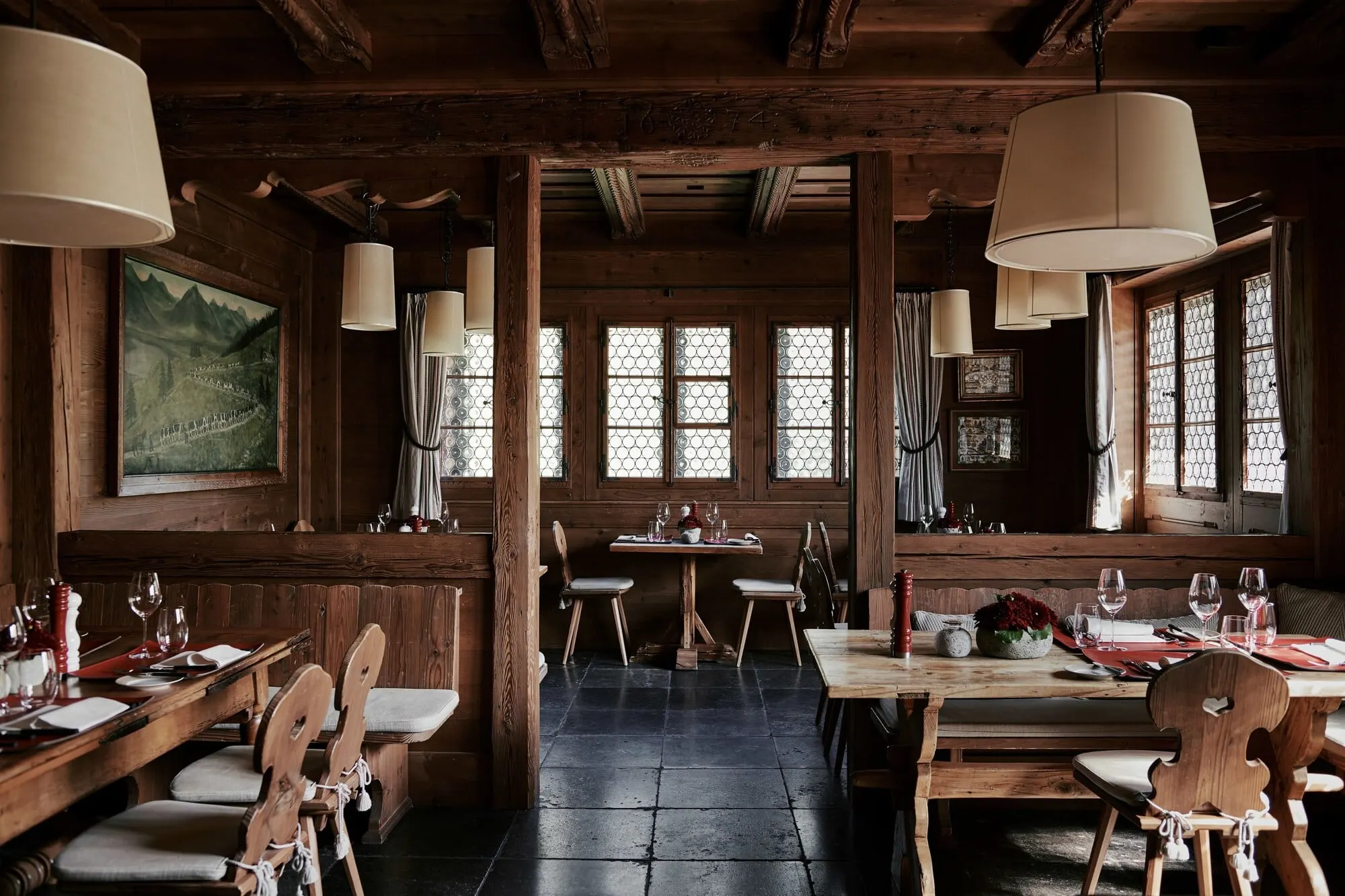 A wood-panelled dining room