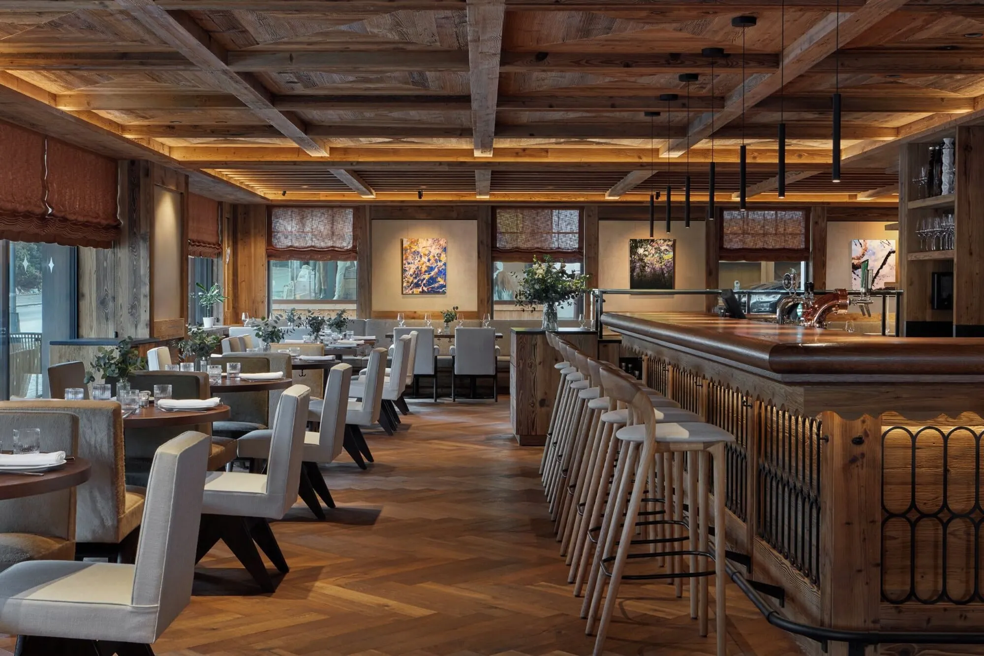 The restaurant under a beamed ceiling