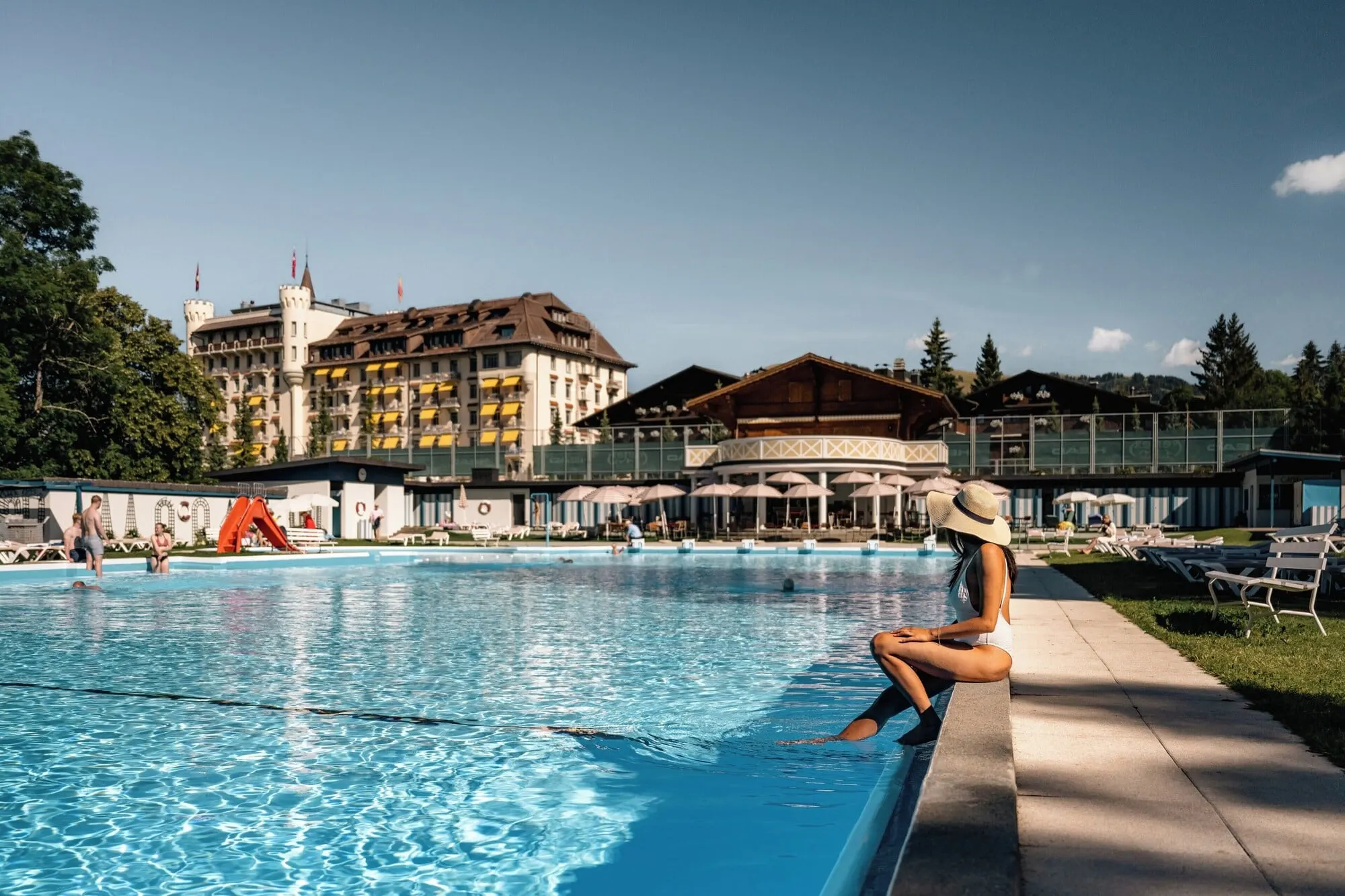 The outdoor pool below the hotel