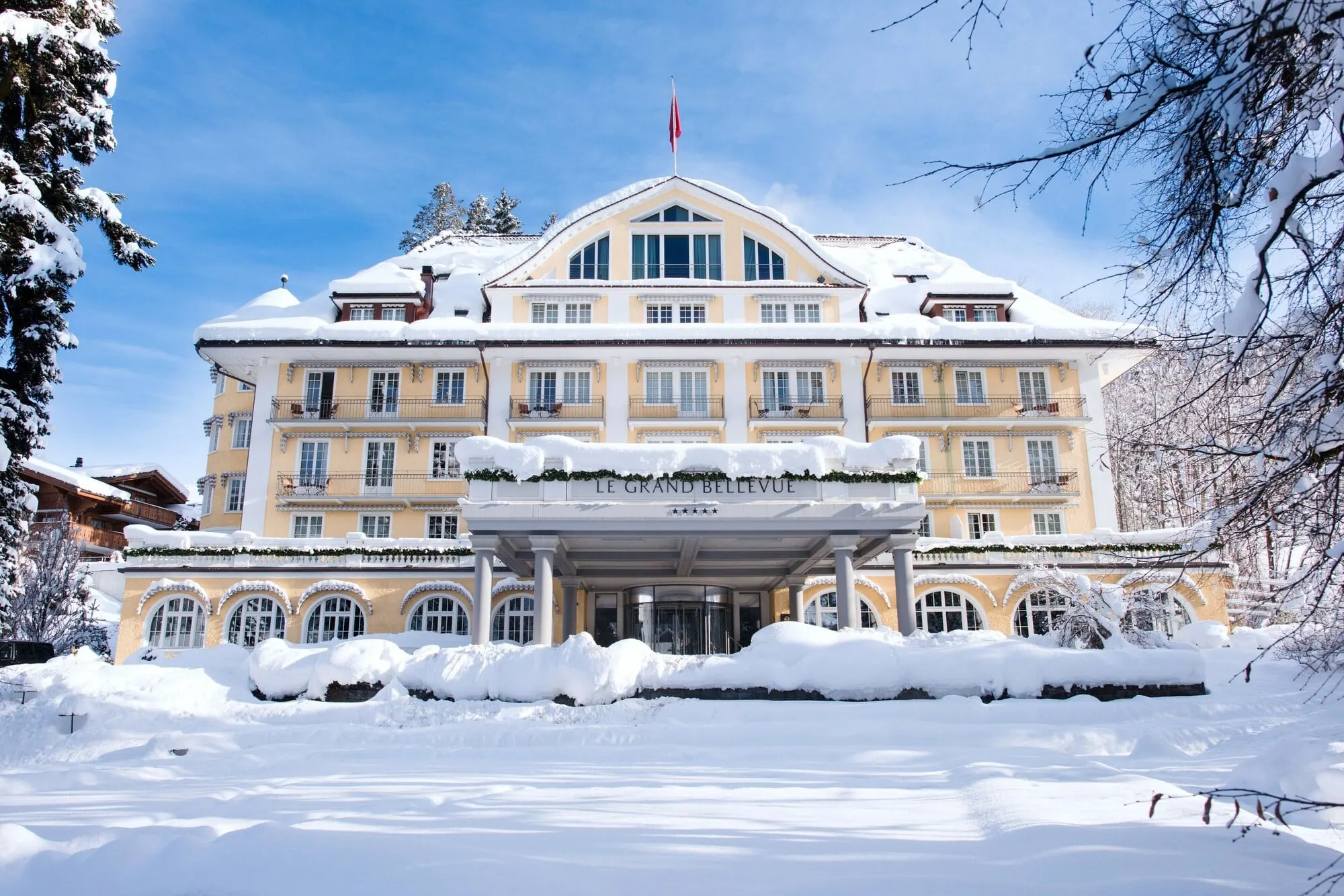 The front of the hotel in snow
