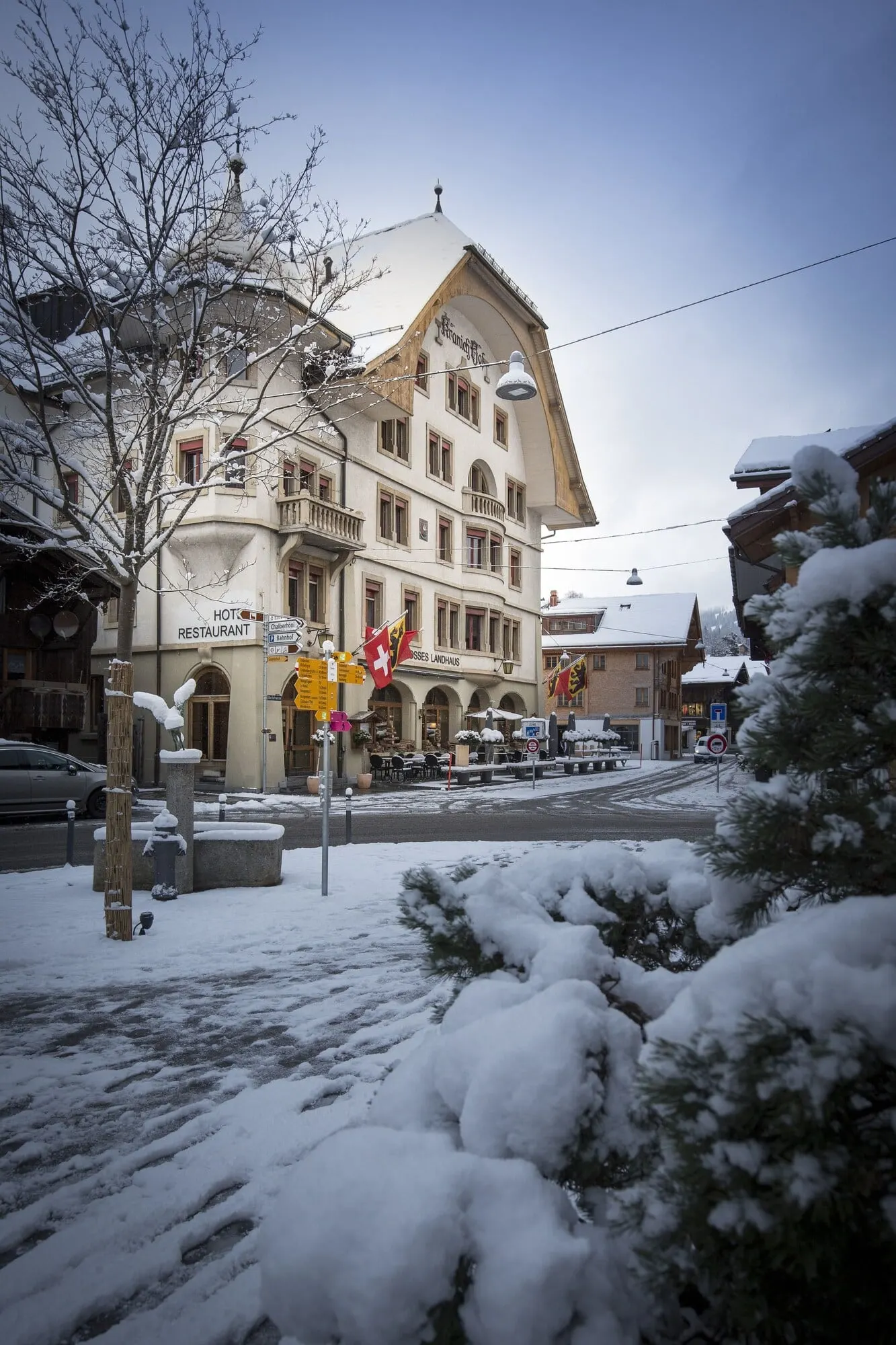 The hotel on a snowy morning