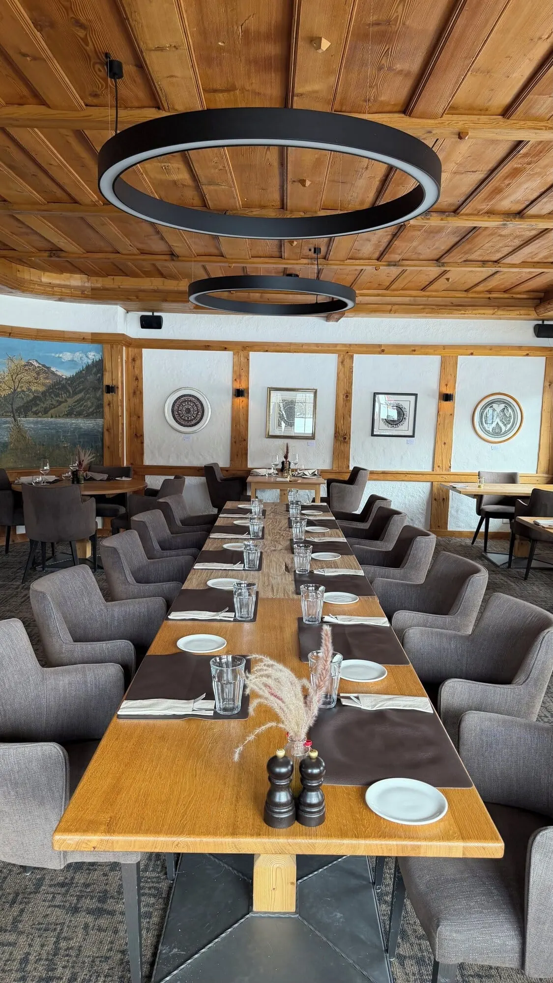 A long table set in the restaurant