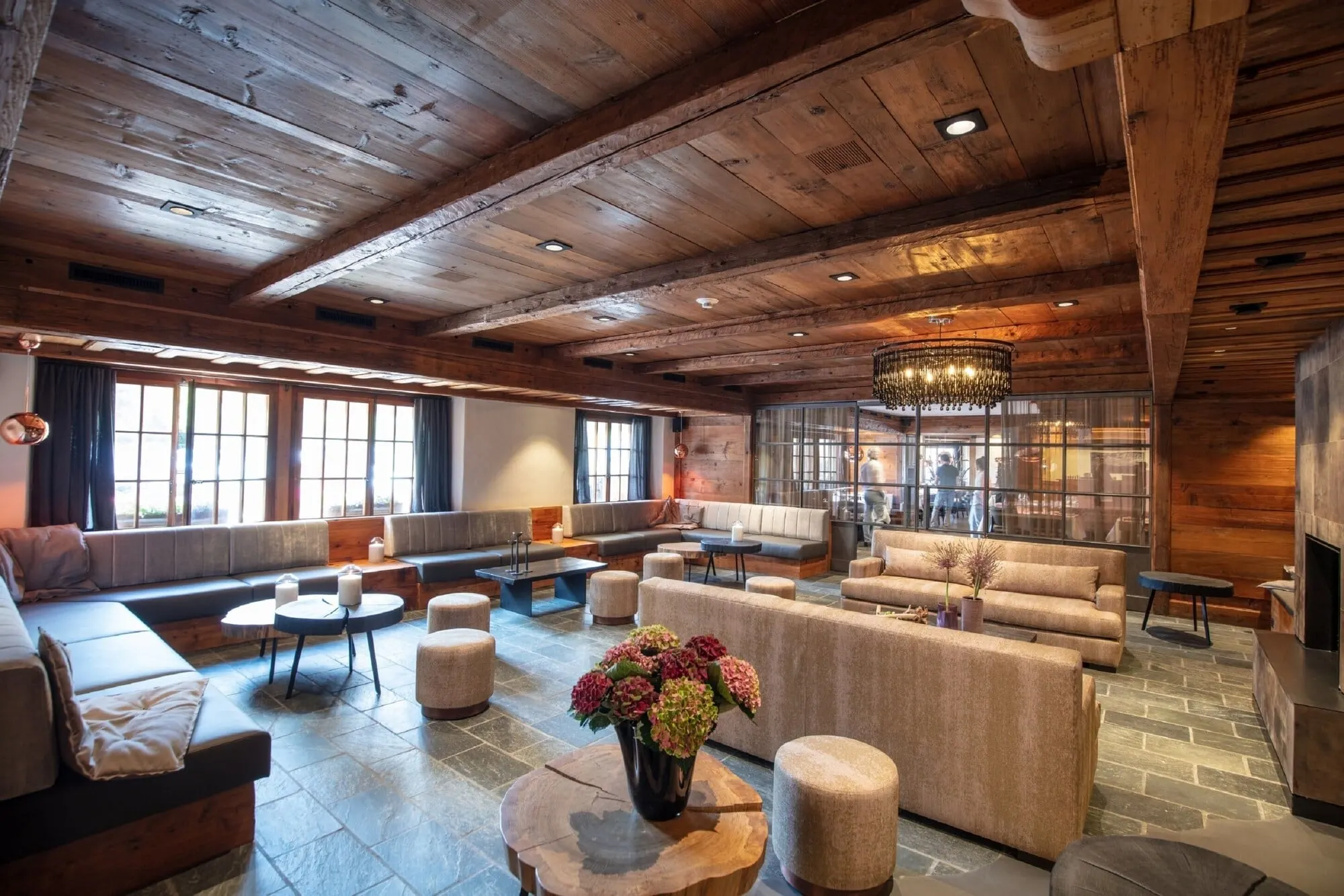 The lounge under a wooden ceiling